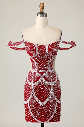 Czerwona sukienka z odkrytymi ramionami bodycon z cekinami